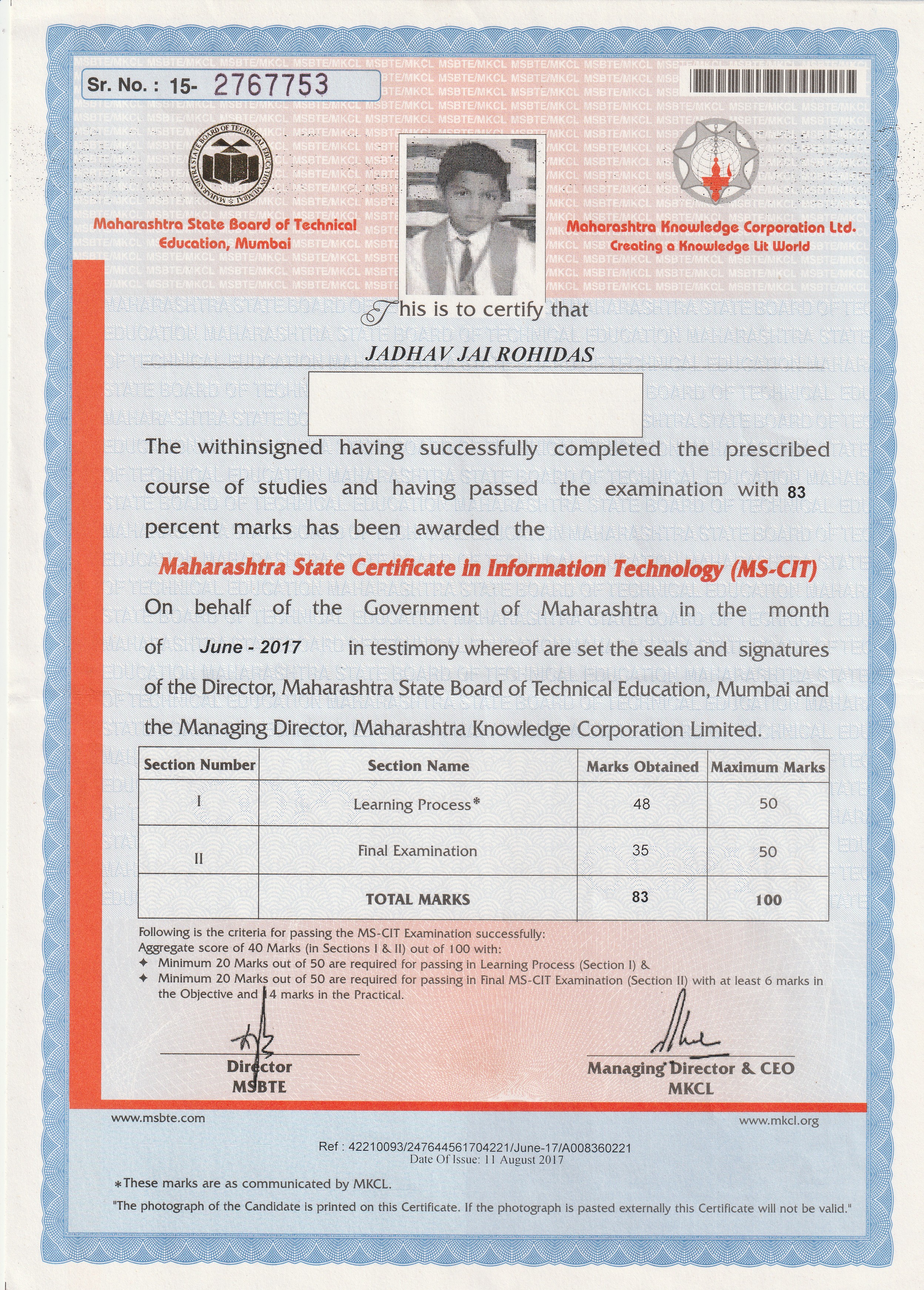 MSCIT Certificate